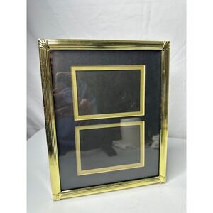 Gold Double Photo Frame Tabletop Display Black Mat Holds 2 Pictures